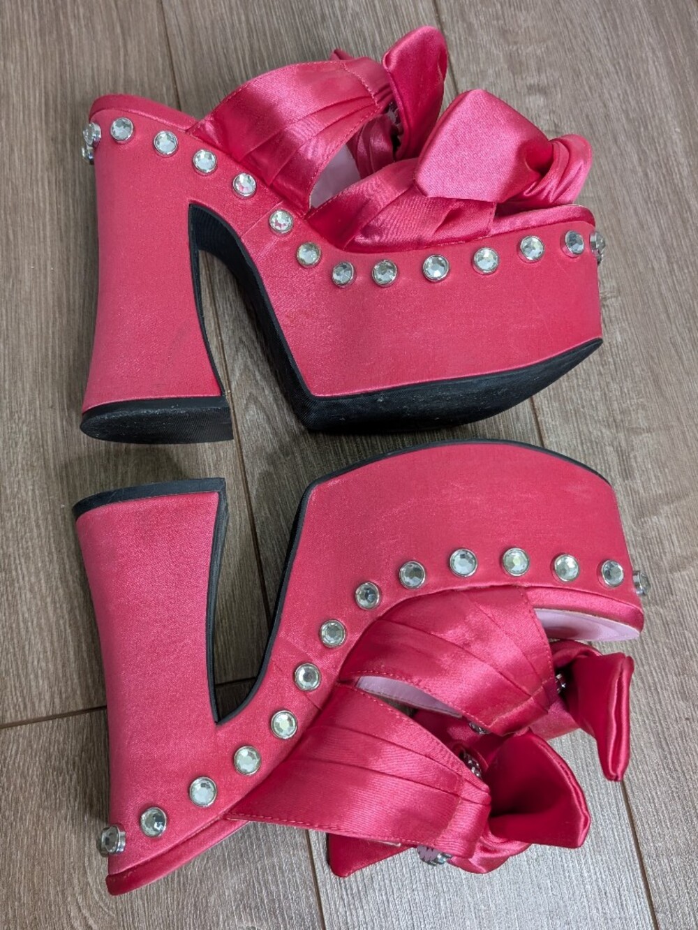 Sugar Thrillz Satin Hot Pink Platform Heels with Bow & Rhinestones - Mules